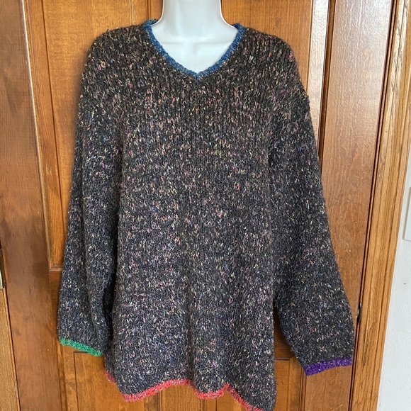 MODA INTERNATIONAL chunky knit V-neck multi-colored contrasting trim Large - Picture 1 of 8